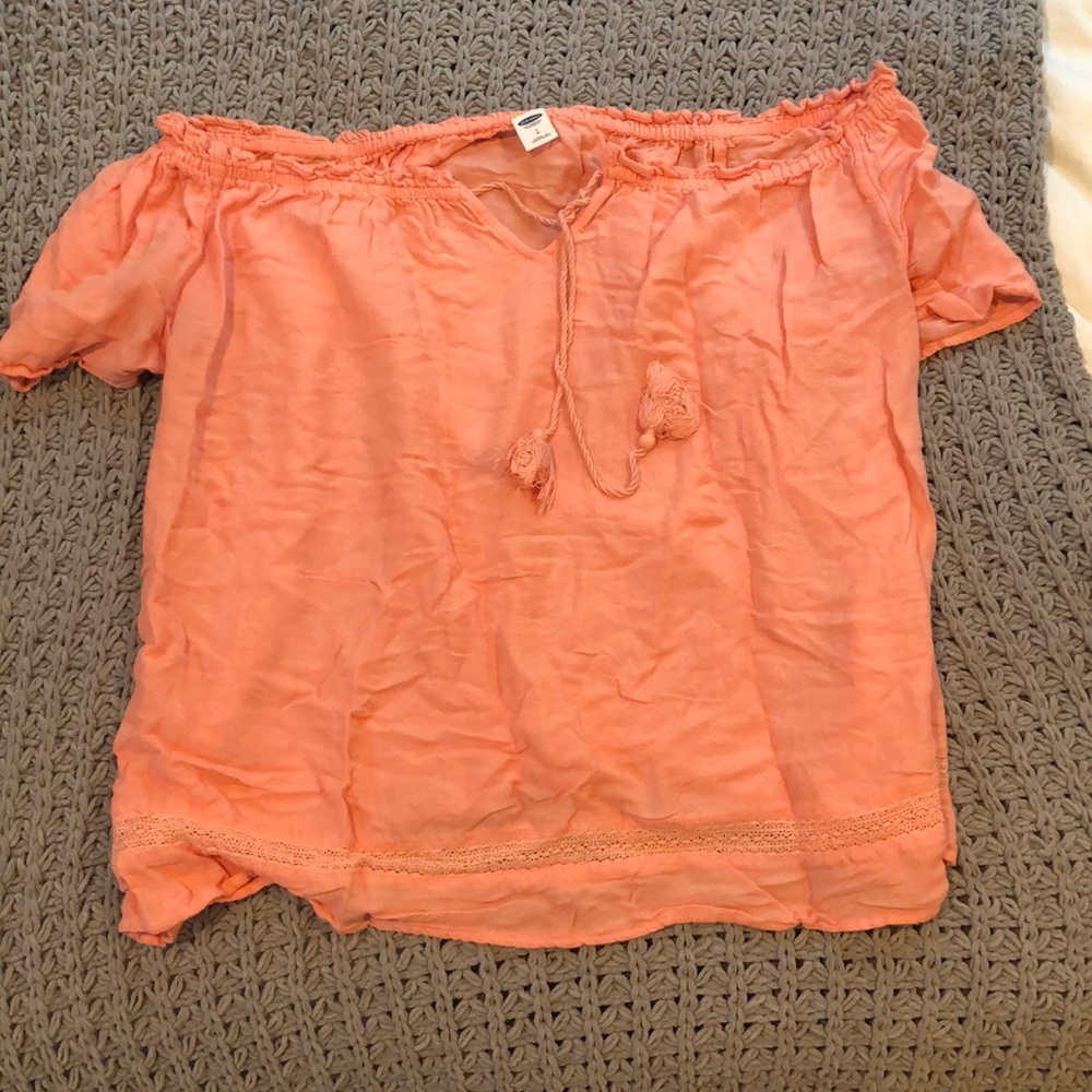 off the shoulder peach shirt